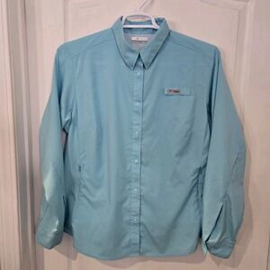 Columbia PFG Long Sleeve Blue Fishing Shirt Sz XL Chest 48 Length 29 Snap Front